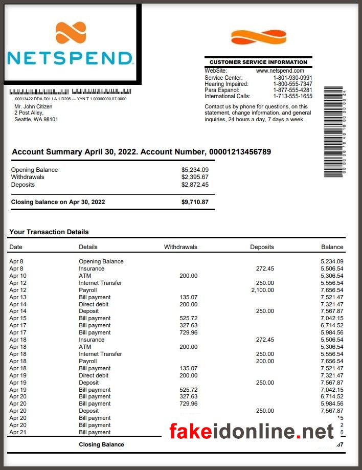 Netspend Editable Word Bank Statement